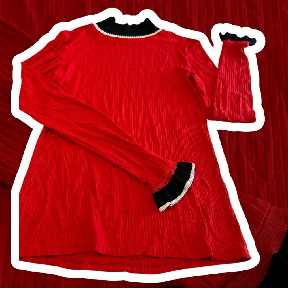 Zara Red Black White Stretch Ribbed Cute Mock Neck Top Long Sleeve, Soft, Sz S